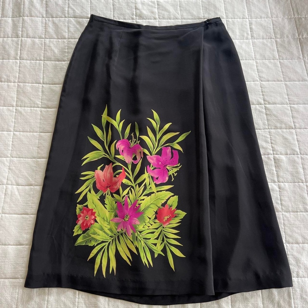 Nygard Collection Vintage 100% Silk Floral Midi Skirt Black Petite 14 Tropical